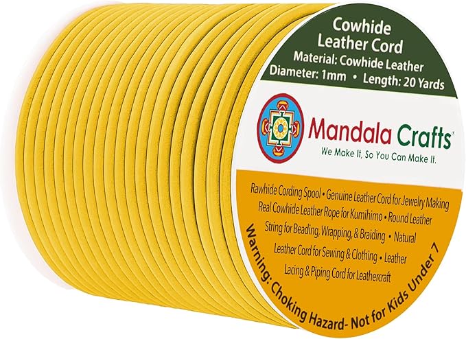 Mandala Crafts Round Genuine Yellow Leather Cord for Jewelry Making – 1mm Cowhide Leather Rope String Lace for Kumihimo – 20 Yards Cowhide Craft Cording Spool