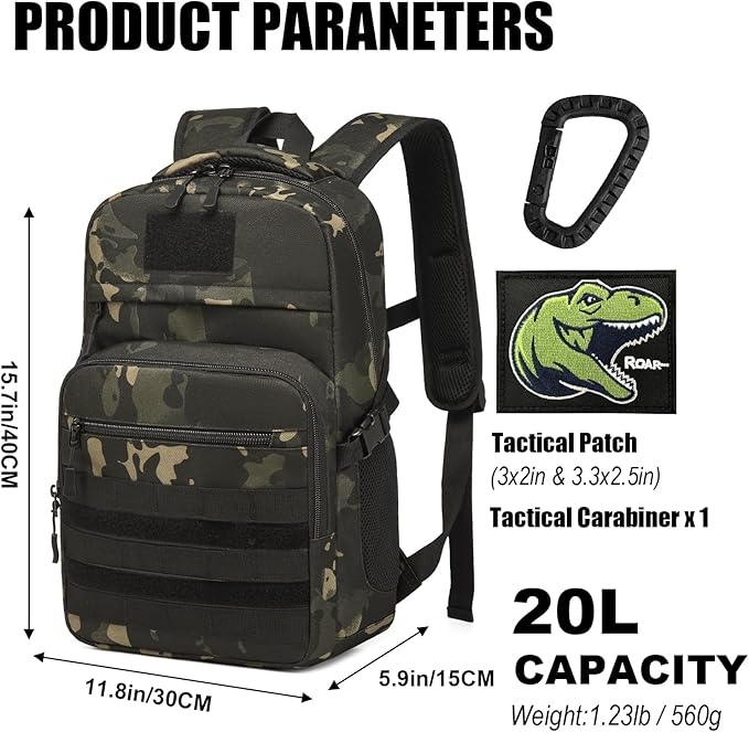 Kids Tactical Backpack Army Molle Bookbag Military Boys Backpack for School, Outdoor, Camping (Includes 2 Patches+1Carabiner), Black CM