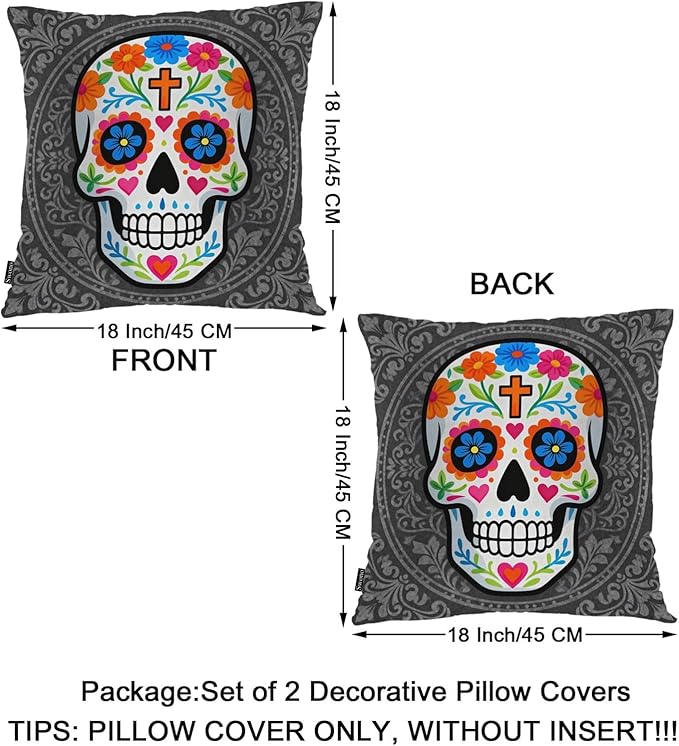 Swono Sugar Skull Set of 2 Square 18x18 Inch Throw Pillow Cover Mexican Day of The Dead Sugar Skull Rose Soft Pillowcases Pillow Cushion Covers for Home Sofa Couch Garden Bench Car Decoration