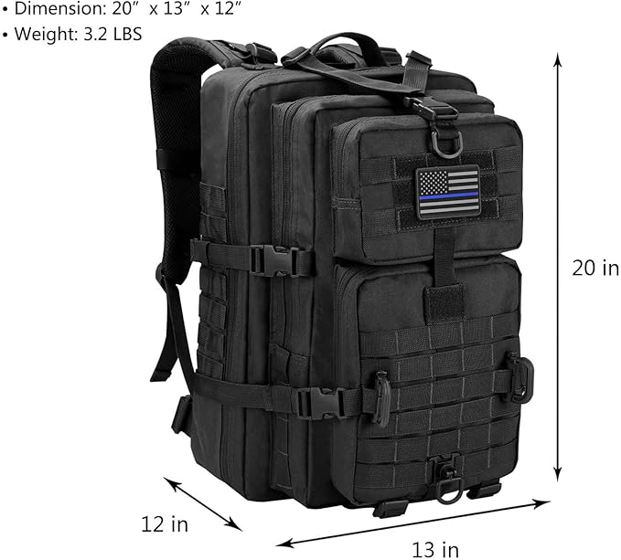 Hannibal Tactical MOLLE Assault Backpack, Tactical Backpack Military Army Camping Rucksack, 3-Day Pack Trip w/USA Flag Patch, D-Rings, Black