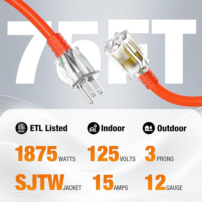 Outdoor Extension Cord 75 FT Waterproof, 12/3 Gauge Heavy Duty 3 Prong Power Cord with Lighted Indicator End, 15A 125V 1875W SJTW, ETL Listed, Great for Lawn/Garden/Home(Orange)