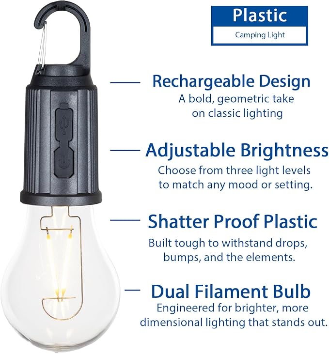 2-Pack Rechargeable Camp Light, Warm White LED Globe Bulb, Battery Powered with USB-C, Shatterproof Globe on Carabiner, 3 Brightness Levels