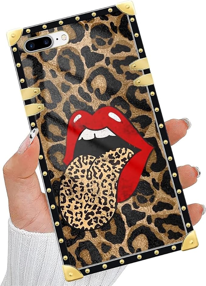 Compatible with iPhone 8 Plus 7 Plus Case, Brown Leopard Print Mouth Luxury Golden Decoration for Girl Women Soft TPU Shockproof Protective Hard PC Back for iPhone 8 Plus 7 Plus