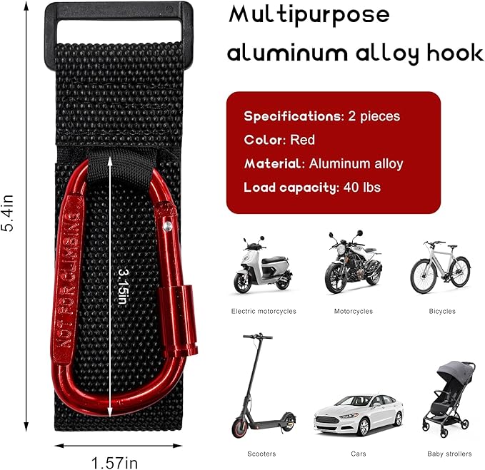 2 PCS UTV Hook for Hanging Headsets, Aluminum Alloy Stroller Carabiner Clips with Adjustable Strap, Multipurpose Roll Cage Hooks for Motorcycle Dirt Bike Scooter Owners (Red)