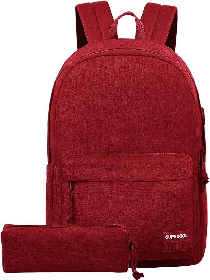 SUPACOOL Casual Laptop Backpack for Men and Women, Pencil Pouch, School Backpack with USB Charging Port, Bookbag for Boys and Girls(Garnet set)