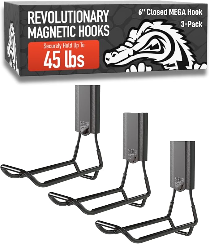 GATOR MAGNETICS MEGA 6 in Closed Hooks, 45 lb Heavy Duty Magnetic Hooks for Steel Surfaces, Patented Easy-Release, Non-Slip Grip – Storage & Organization, Garage, Home Tools & Gear Storage – 3 Pack