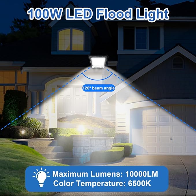 CREATESTAR 2 Pack 100W LED Flood Light Outdoor, 10000LM Bright LED Work Lights Plug in, IP66 Waterproof Exterior Floodlight, 6500K Security Light for Patio, Backyard, Lawn, Stadium, Playground