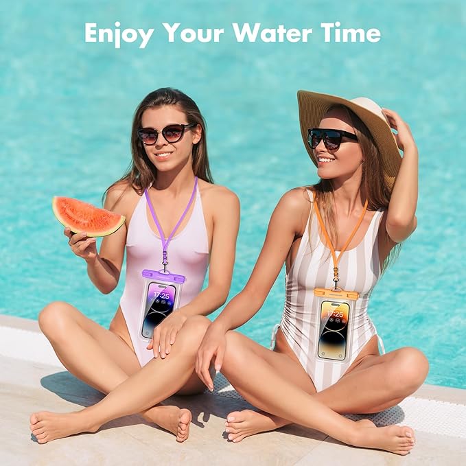 UNBREAKcable Waterproof Phone Pouch-2 Pack IPX8 Waterproof Phone Case for iPhone 16 15 14 13 12 Pro Max & Samsung S25 S24-Dry Bag & Travel Essentials for Beach, Pool, Kayak & Cruise-7" Orange + Purple