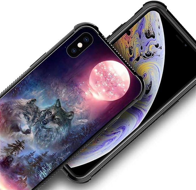 for iPhone X/Xs Case, Star Two Wolfs Howling Pattern Graphic Design Girl Boy Soft Silicone Hard Acrylic Shock Protection for iPhone X/Xs