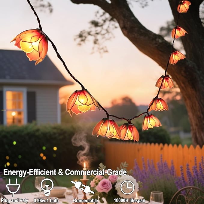 TWINKVILLA Decorative String Lights Plug in with 10 Bulbs, Flower Garland Fairy Lights Connectable Weatherproof Outdoor Indoor for Wedding Garden Pergola Bedroom Porch Floral Home Decor (Multicolor)