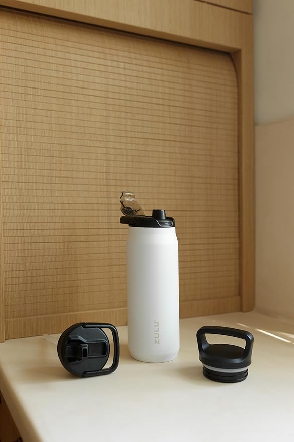 ZULU Base 24oz Stainless Steel Water Bottle with 3 Lids- Straw, Chug, Twist | Double Walled and Vacuum Insulated Metal Thermos | Fits Car Cupholder, Built in Carry Loop, Dishwasher Safe, White