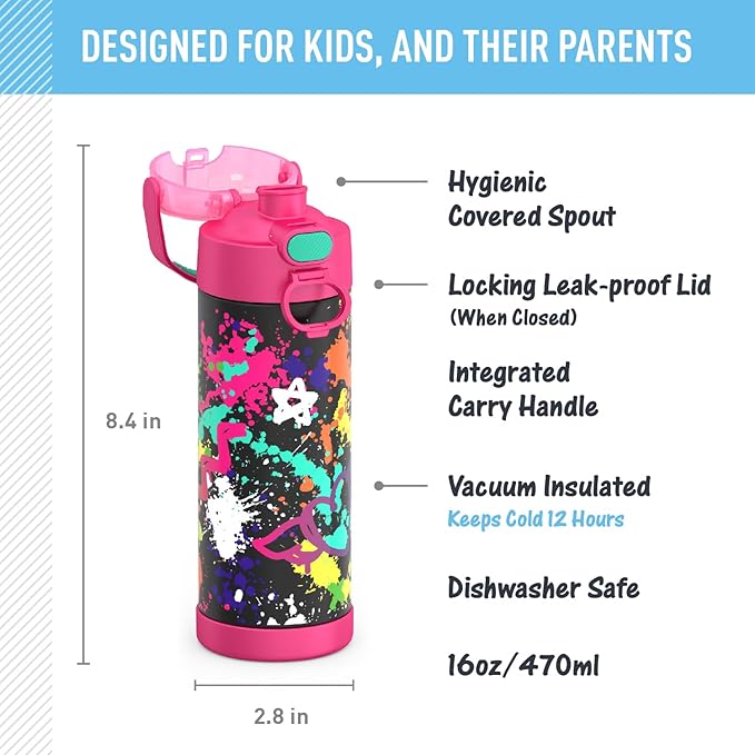 THERMOS FUNTAINER 16 Ounce Stainless Steel Vacuum Insulated Bottle with Wide Spout Lid, Graffiti Girl