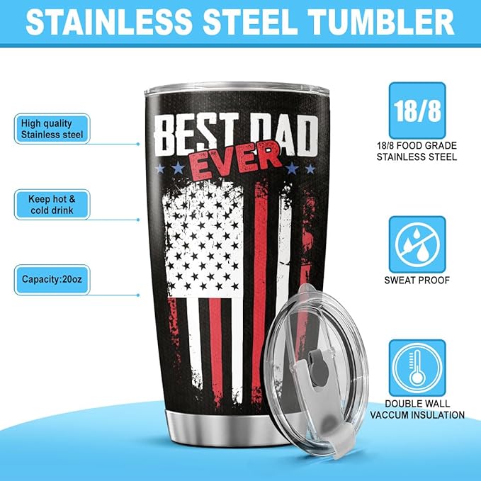 Best Dad Ever Black American 20oz Tumbler, Stainless Steel Insulated Mug with Funny Dad Nutrition Facts, Gift for Fathers Day, Husband, Grandpa, Birthday