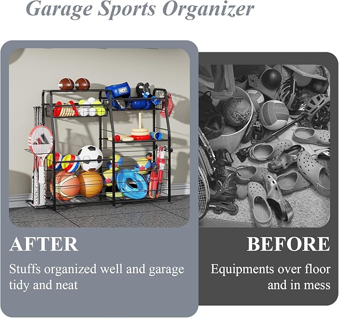 Garage Sports Equipment Organizer with Wheels - Ball Storage Rack with Elastic Rope or Wire Mesh,Garage Organizer System,Indoor/Outdoor Sports Rack for Sports Gear and Toys Storage,Black