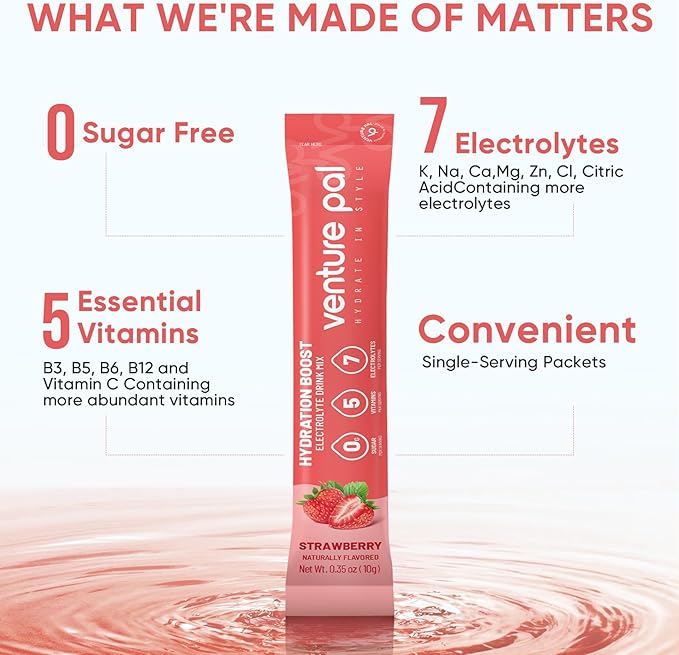 Venture Pal Sugar Free Electrolytes Powder Packets - Liquid Daily IV Hydration Packets | Instantly Hydrating & Party Recovery | 5 Vitamins & 7 Electrolytes | Certified Vegan, Keto, Non-GMO | 16 Sticks
