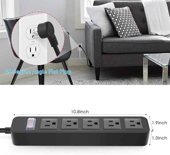 Outdoor Power Strip Waterproof with 5 Outlets, Garden Weatherproof Surge Protector, Christmas Multiple Outlet Exterior Socket for Lighting Appliances. 15FT Extension Cord Strip with Flat Plug. Black