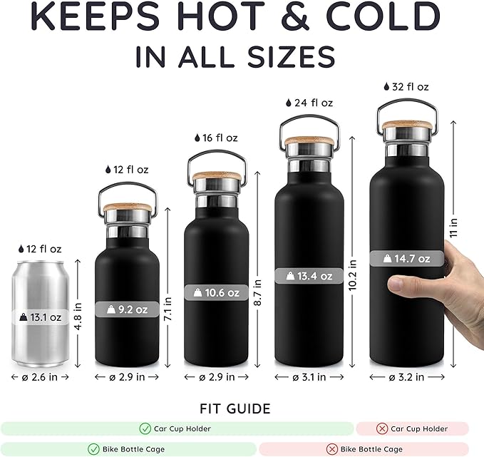 Bambaw 16 oz Stainless Steel Water Bottle, Metal Water Bottle Insulated, Easy to Clean & Carry, Great for Travel, School & Gym, Made of High-Grade Stainless Steel (Jet Black)