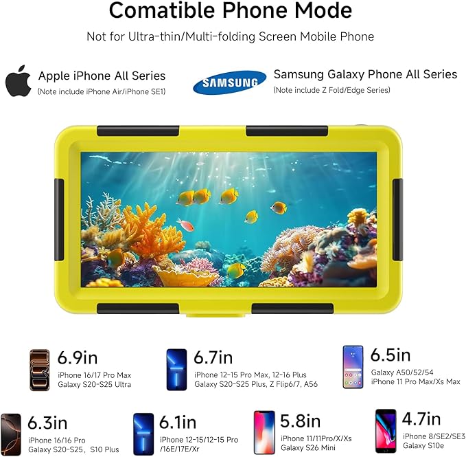 Underwater Phone Case for Snorkeling, [50ft/15M] Professional Deep Diving Waterproof Phone Case for iPhone 17-7 Pro/Pro Max/Plus/Mini, 16/17E, SE 2/3, Galaxy S10-S25 Plus/Ultra, A21-A56 [Yellow]