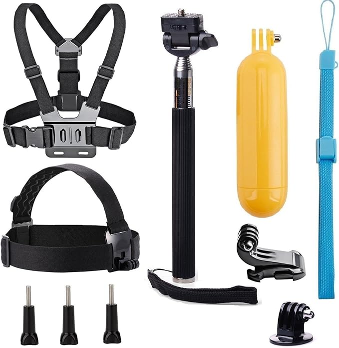 Universal Action Camera Accessories Bundle Head Chest Strap Mount/Selfie Stick/Floating Hand Grip Compatible with Dragon Touch/AKASO EK7000 Brave 4 5 6 7 LE V50X/GoPro Hero 13 12 11 10 9 8 7