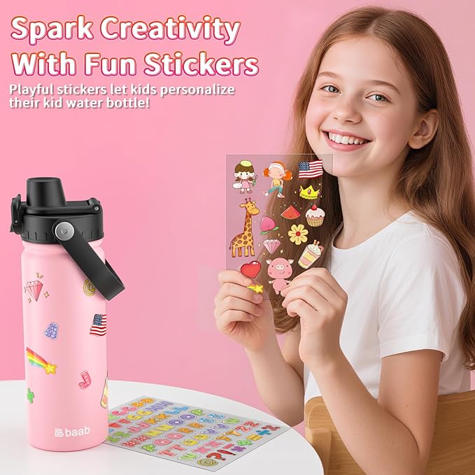 baab 18oz Kids Water Bottle, Insulated Kids Water Bottle with Lockable Spout Lid & Stickers, 18/8 Stainless Steel Vacuum Leakproof Kid Water Cup for Boy Girl School (Pink+Mint Green, 2 Pack)
