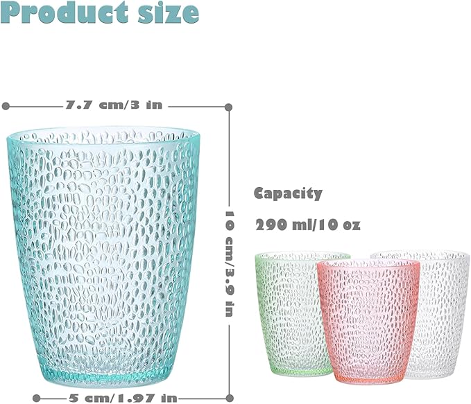 4 PCS Colored Plastic Drinking Glasses, Reusable Acrylic Drinking Cups, Stackable Juice Glasses Drinkware, Unbreakable Water Tumblers, BPA Free, Dishwasher Safe, 290 ML/10 OZ (4 Colors)
