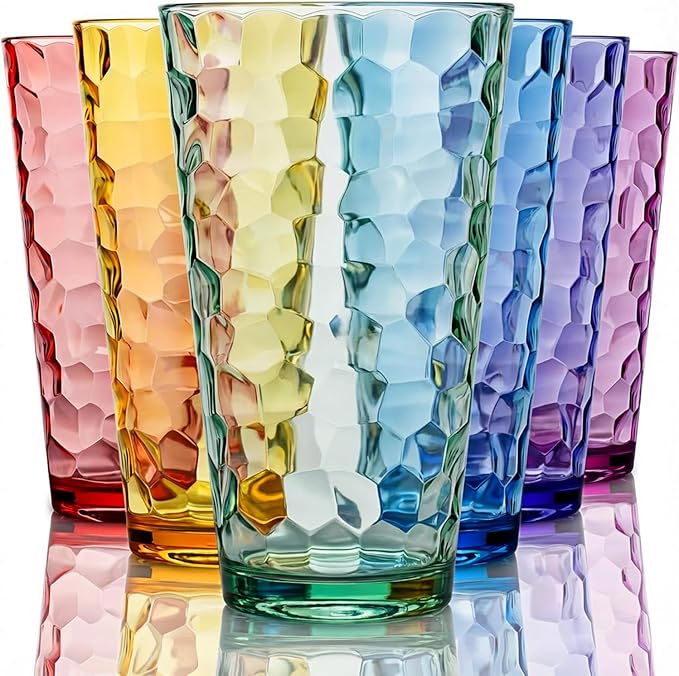 Bravario Hammered Plastic Drinking Tumbler, Dishwasher-Safe Premium Quality Water Glasses, BPA-Free Reusable Mixed Colors Assorted Stackable Cups, 22 oz Set of 6
