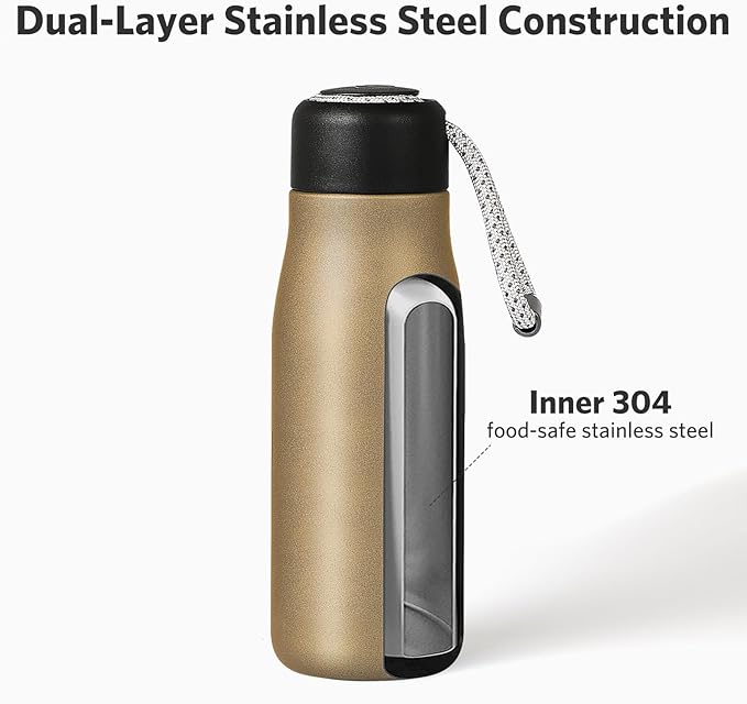 12 oz Insulated Water Bottle, Dusgut Wide Mouth Water Bottle,Stainless Steel,Wide Mouth Portable Lid, Gold