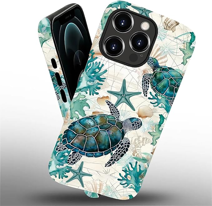 for iPhone 12 Pro Max Case,HH2 Ocean Sea Turtle Nautical Map Hybrid 2 Layer Hard Shell Silicone Protective Pattern Design Case