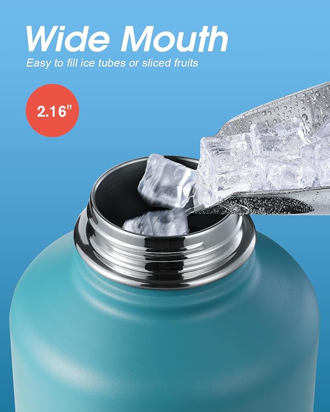 Coolflask Half Gallon Water Bottle Insulated with Straw & 3 Lids, 64 oz Water Jug Large Metal Stainless Steel Wide Mouth for Sports, Gym or Office, Non-BPA Keep Cold 48H Hot 24H, Indigo Blue