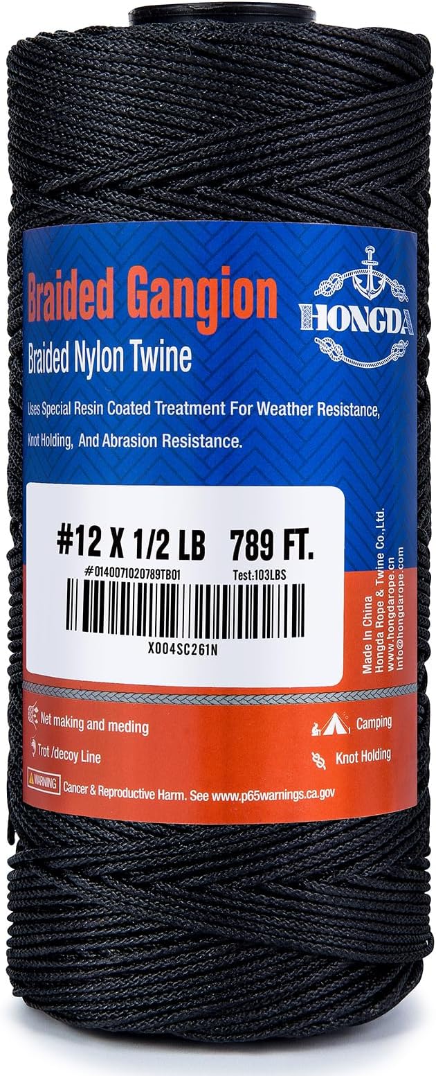 HONGDA Braided Tarred Bank Line Braided Nylon Twine, 789 Feet #12 Bank Line, Black Tarred String 1.2mm for Gardening, Construction, Gear Tying, Jungle Survival, Trotline