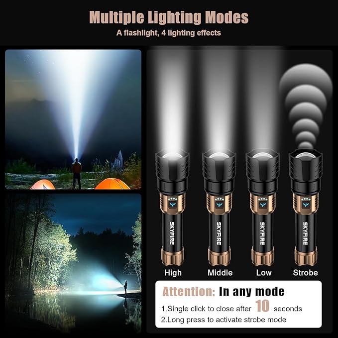 SKYFIRE LED Flashlights High Lumens with Ignition Lens,3000lm Super Bright Rechargeable Flashlight,Zoomable,4 Modes,Waterproof Tactical Flash Light for Camping Essentials,Outdoor and Home,Gift