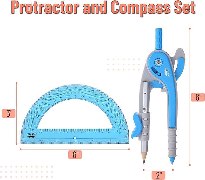 Mr. Pen- Geometry Compass and Protractor Set, 6 Inch Compass, 6 Inch Protractor, Drawing Tool for School, Clear Plastic, Easy Grip, Precision Design for Math, Art, Drafting, Architecture