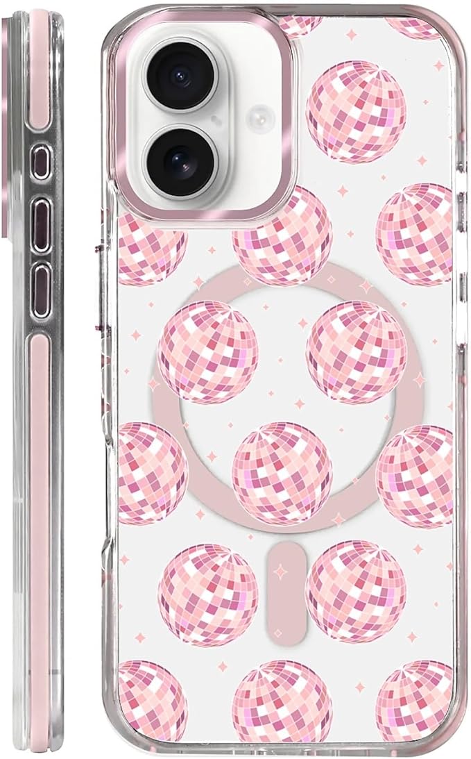 Case for iPhone 16,[Compatible with MagSafe],Disco Balls Pink Phone Case Design，for Women Girls Magnetic Clear Cover - Slim, Sleek, & Shockproof Protection