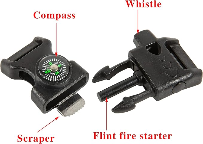 10 PCS Emergency Whistle Buckle come with Compass & Fire Starter & Flint Scraper for Outdoor Camping Paracord Bracelet (black)