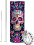 Firmiso 20 oz Tumbler | Skinny Insulated Travel Mug with Leak-proof Lid and Straw | Sugar Skull Floral Stainless Steel Coffee Cup for Hot & Cold Drinks | Day of the Dead Gifts for Women & Men