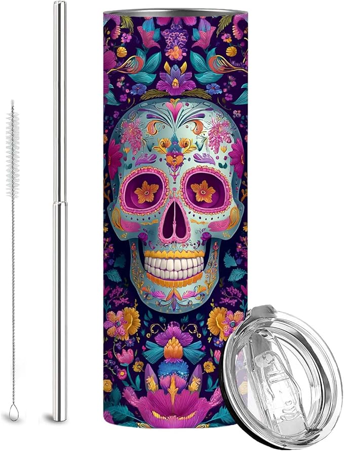 Firmiso 20 oz Tumbler | Skinny Insulated Travel Mug with Leak-proof Lid and Straw | Sugar Skull Floral Stainless Steel Coffee Cup for Hot & Cold Drinks | Day of the Dead Gifts for Women & Men