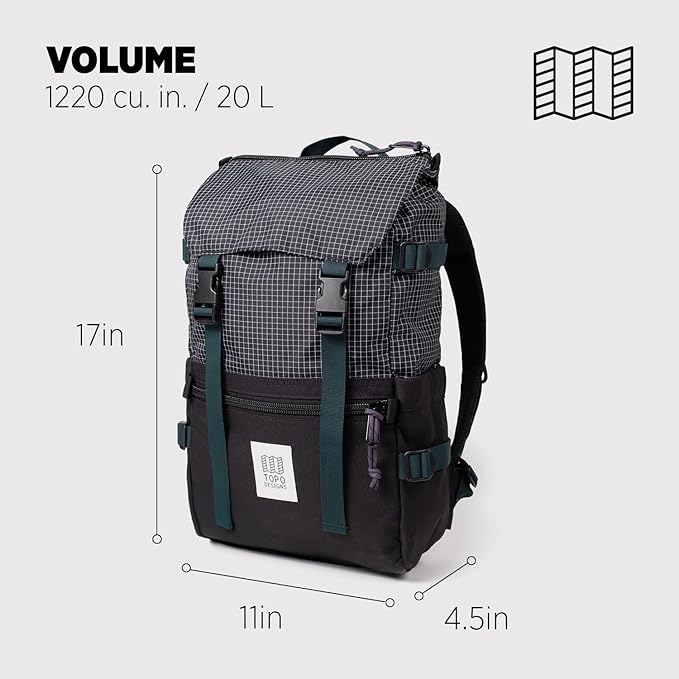 Topo Designs Rover Pack Classic - Daily Daypack for Commutes, Day Trips, Hikes, Iconic Denver Design, PFAS-Free, Fair Trade, BlueSign Backpack (Black/Grid)