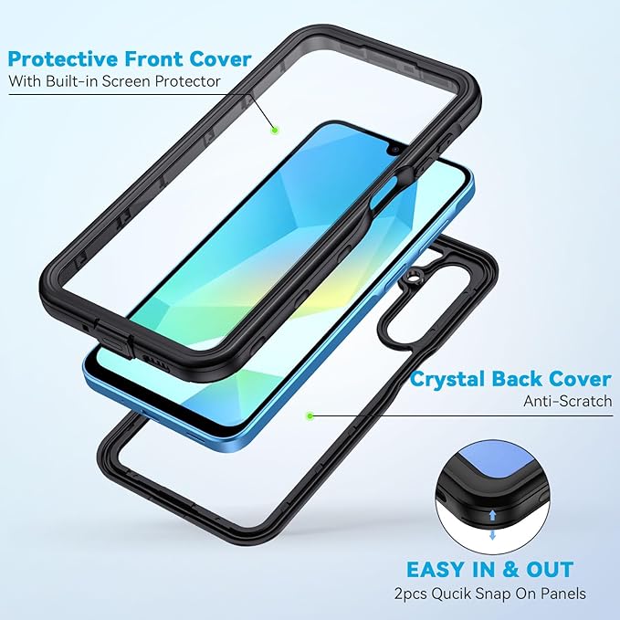 Lanhiem for Samsung Galaxy A16 5G Phone Case, IP68 Waterproof Dustproof, Built-in Screen Protector, Rugged Full Body Shockproof Protective Cover for Samsung A16 5G / 4G 6.7", Black/Clear | IP68 Waterproof, Dustproof, Rugged, Full Body, Shockproof