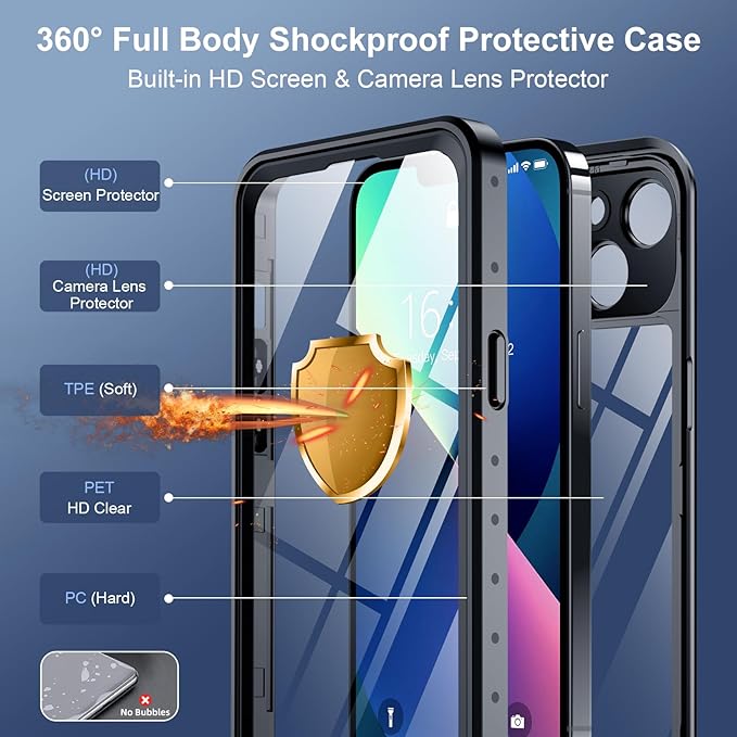 SPIDERCASE for iPhone 13 Case Waterproof, Built-in Lens & Screen Protector, Full Heavy Duty Protection, 12FT Military Shockproof, Dustproof, Anti-Scratched Phone Case,Black