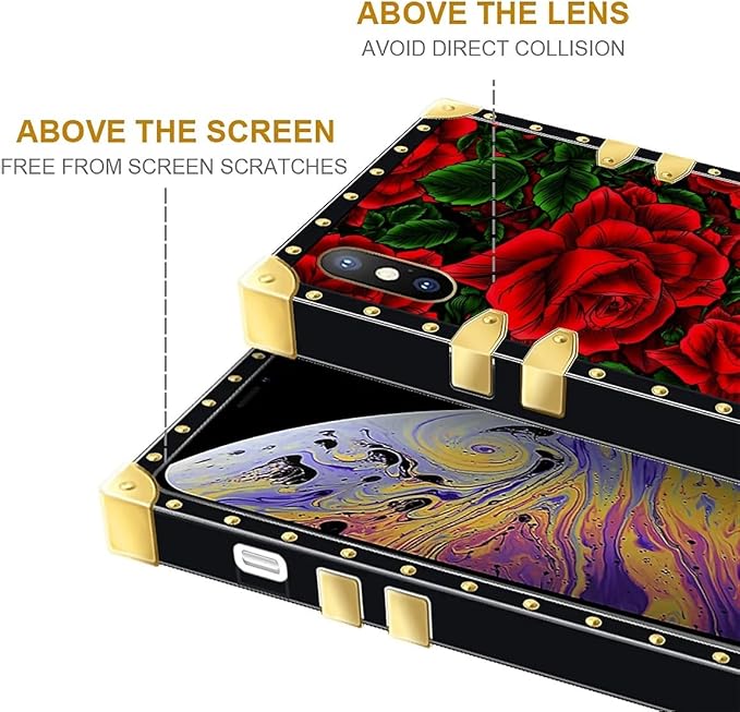 Compatible with iPhone Xs Max Case, Vector Red Rose Green Leaf Luxury Golden Decoration for Girl Women Soft TPU Shockproof Protective Hard PC Back for iPhone Xs Max