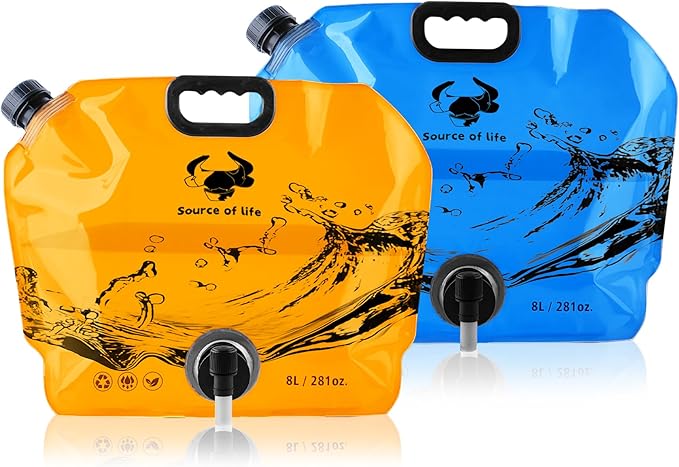 Water Jug Camping 2.1 Gallon Collapsible with Spigot, BPA Free Portable Water Pouch Foldable Water Bags for Outdoor Hiking, Travel and Emergency & Water Storage Containers (Orange_Blue-2Pcs)