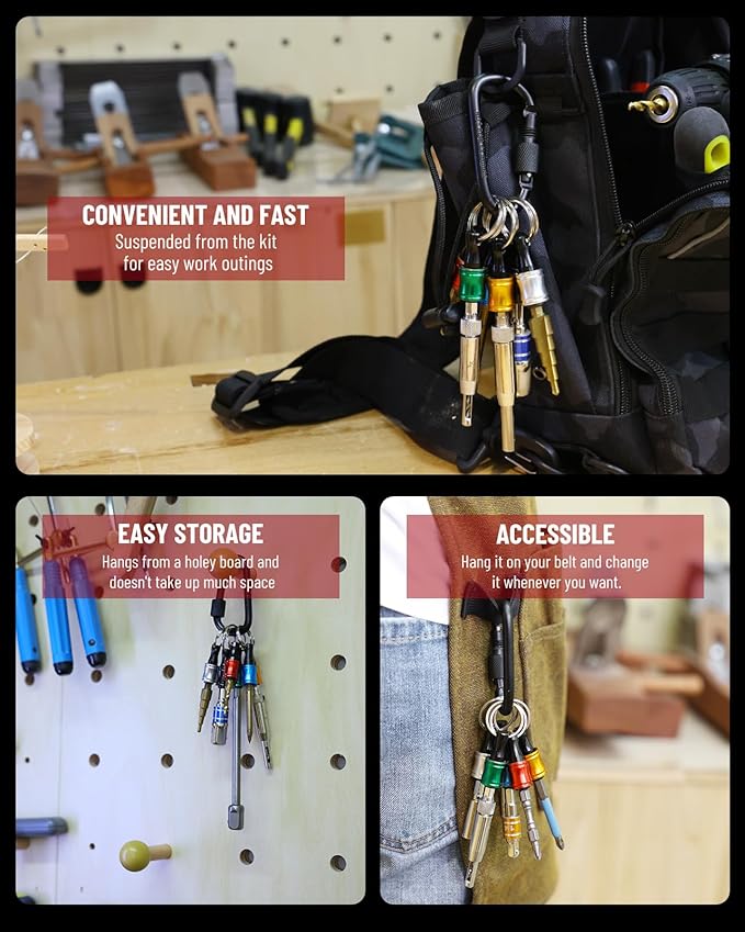 katerk 18pcs Bit Holder with Carabiner Socket for Mens Gift, 1/4 inch Hex Shank Aluminum Alloy Screwdriver Bit Holders, Quick Release Easy Change Impact Driver Drill Bit Keychain Extension