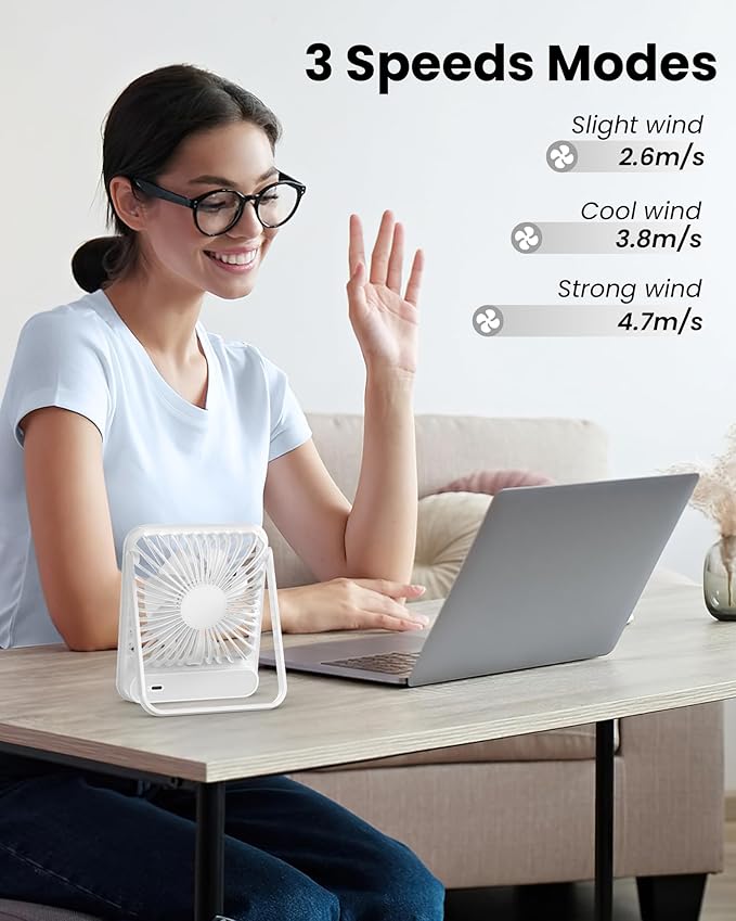 Koonie Desk Fan, Ultra Quiet 2.5-11h Battery Operated Small USB Fan with Strong Wind, 180° Tilt Folding and 3 Speeds Adjustable, Battery Powered Mini Personal Fan for Office Bedroom Desktop White