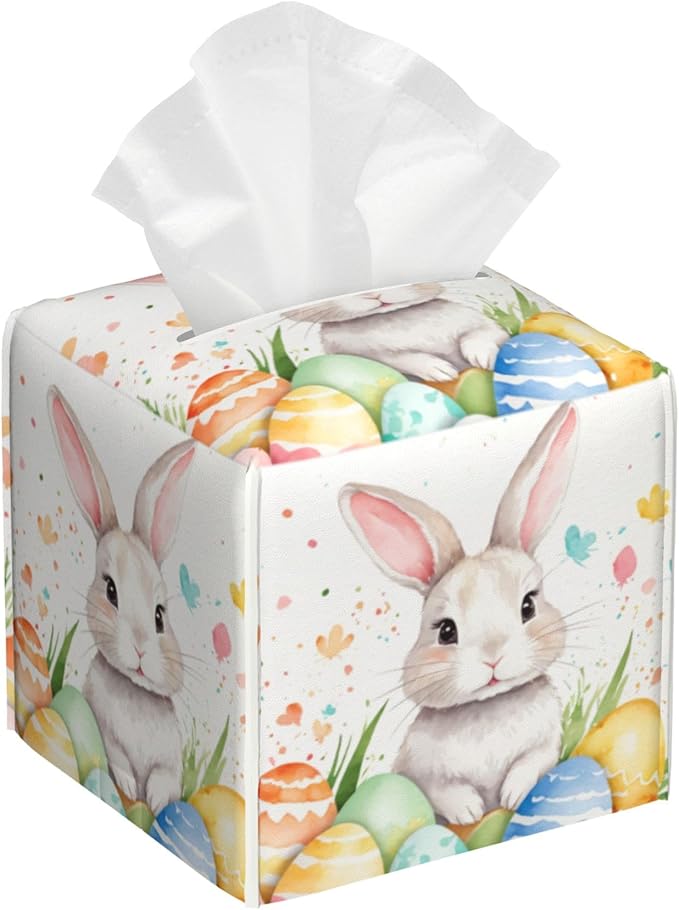 Tissue Box Cover Square,Cute Easter Rabbit and Eggs Tissue Box Holder Waterproof Leather Facial Paper Case Modern Home Decoration for Bedroom Dresser Night Stand Office Desk