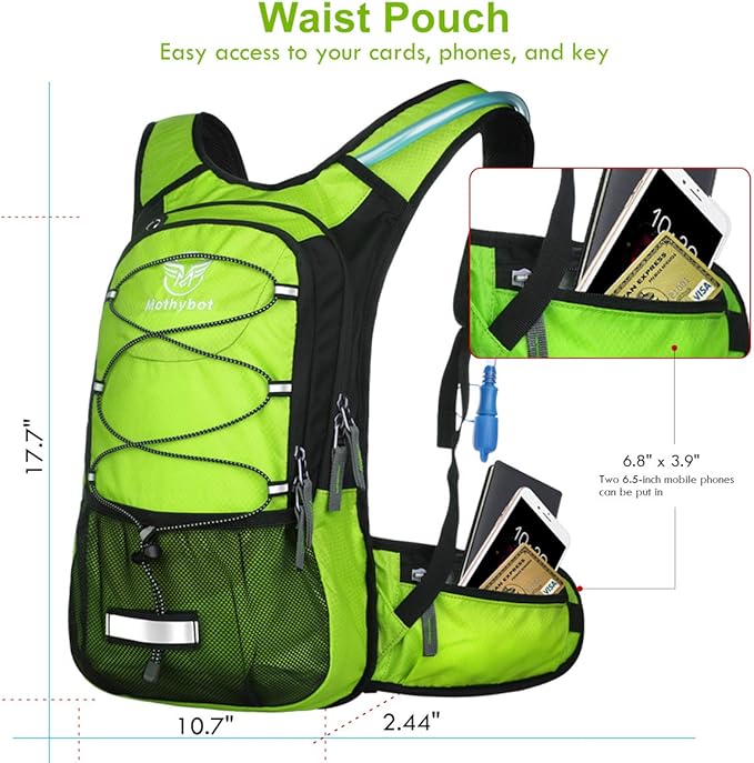 Mothybot Insulated Hydration Backpack Pack with 3L BPA Free Leak Proof Water Bladder, Large Storage Lightweight Hiking Daypack with Waist Pouches & Cooler Layer, for Running, Biking, Camping, Festival