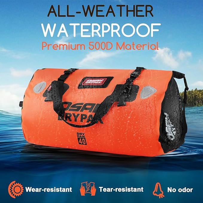OSAH DRYPAK Waterproof Duffel Bag - Motorcycle Dry Bag Tail Bag with Large Storage Space, Waterproof Luggage Duffle Bags with Outer Mesh Zipper Pocket for Camping, Kayaking, Fishing & Traveling
