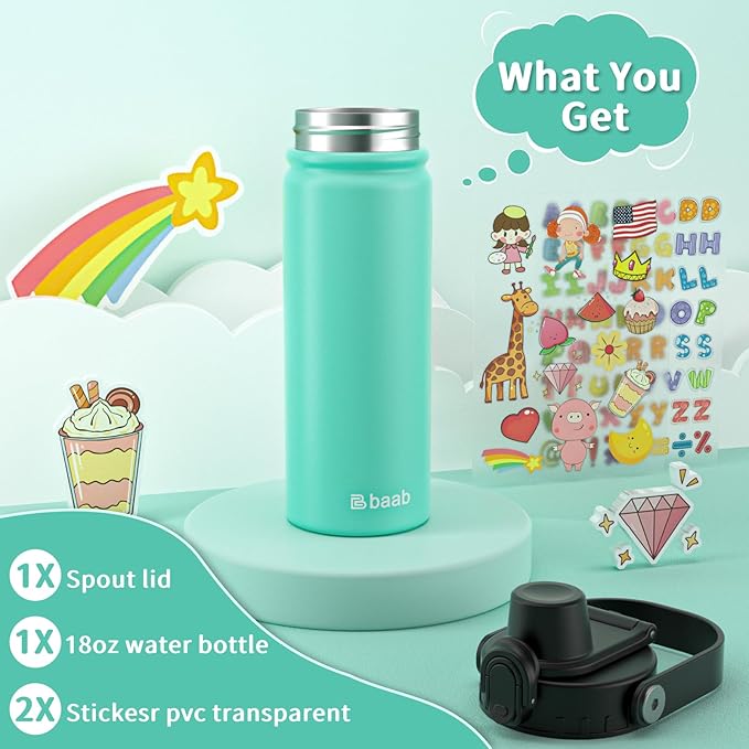 baab 18oz Kids Water Bottle, Insulated Kids Water Bottle with Lockable Spout Lid & Stickers, 18/8 Stainless Steel Vacuum Leakproof Kid Water Cup with Boy Girl & School (Mint Green, 1 Pack)