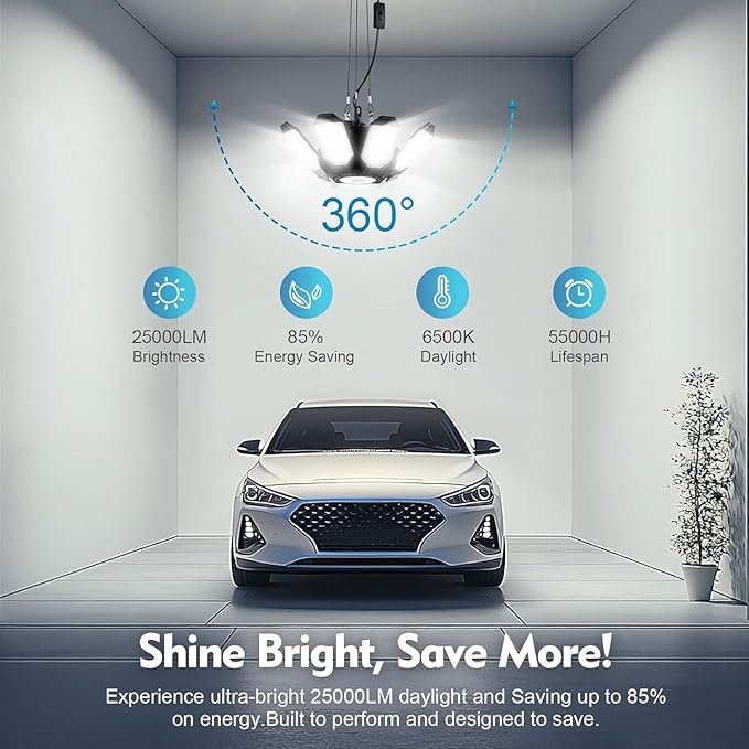 TANBABY 2 Pack LED Garage Lights, 250W Deformable Garage Light, Total 50000LM 6500K Daylight, 8+1 Adjustable Panels, Plug-in Cord Ceiling Light for Basement