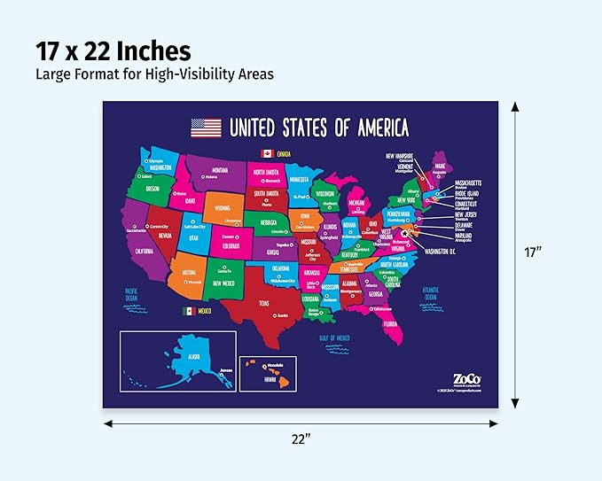 ZOCO – United States Map with Capitals Poster – Laminated 17x22 – Educational USA Wall Chart for Kids – North America Geography, Social Studies Classroom Decor