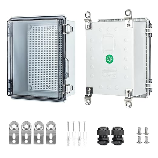 Waterproof Outdoor Project ABS Plastic Junction Box，IP67 Waterproof Clear Enclosure Boxes for Outdoor Garden with Hinged Cover, Mounting Plate, Wall Brackets, Cable Glands (Clear, 5.9"x5.9"x3.5")